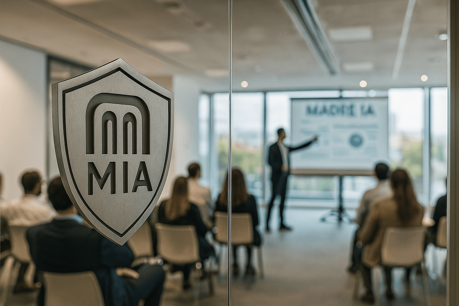 Equipo directivo recibiendo formación sobre MADRE IA en una sala acristalada